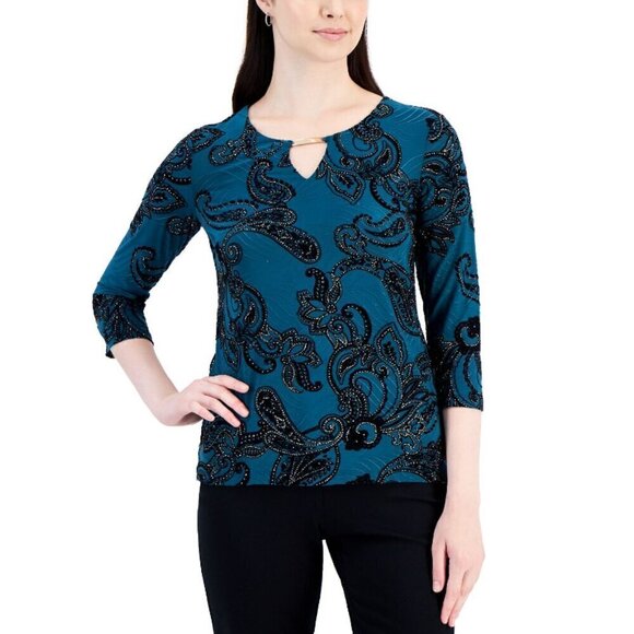 JM Collection Petite Small Blue & Black Paisley Glitter Jacquard Keyhole Top NWT - Picture 1 of 4